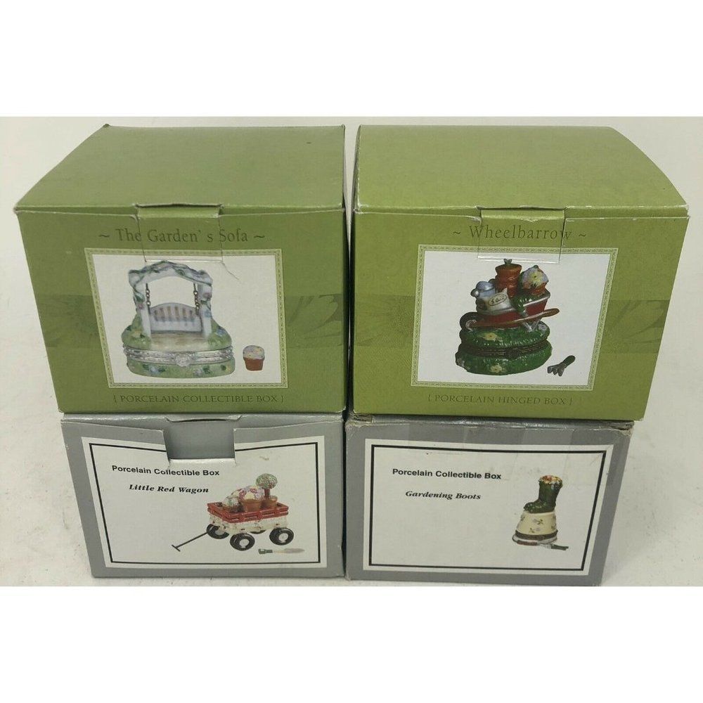 NEW Set of 4 National Home Gardening Club Rubber Boots + Wagon Trinket Boxes